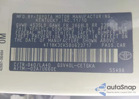 2011 Toyota Camry Xle V6 z USA, uszkodzony, nr VIN 4T1BK3EK5BU623717